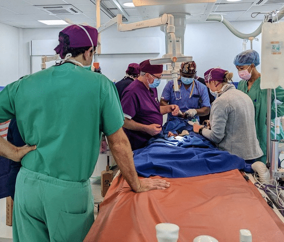 卫生保健专业人士聚集在床和耐心